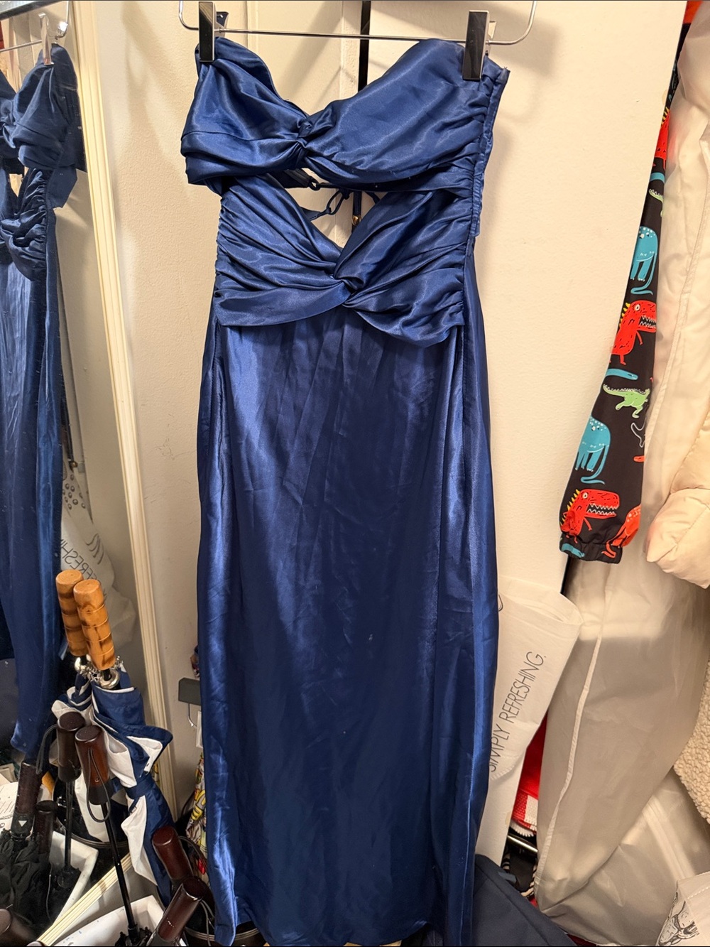 Satin Navy Blue Twist-Front Maxi Dress